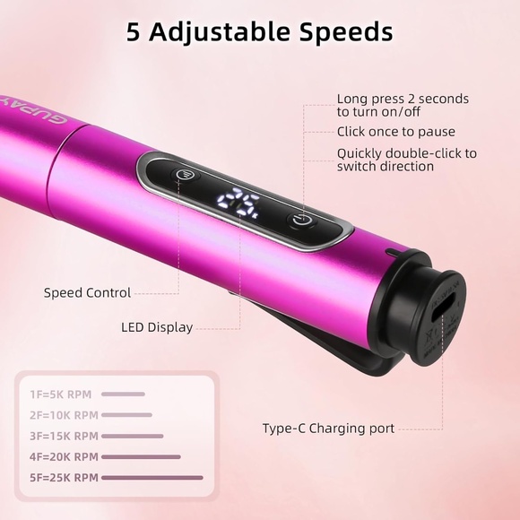 Hot Pink Rechargeable Cordless Nail Drill - Picture 2 of 7